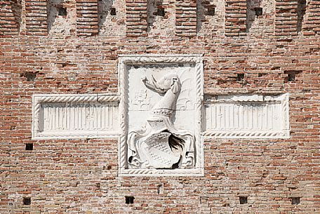 Detail of the heraldic symbols of the House of Malatesta, Castel Sismondo, Rimini, Emilia  Romagna, Italy, Europe