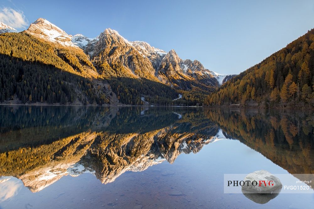 The Anterselva lake framed by the gold of larch trees in a morning of autumn 
