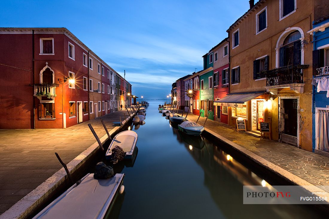 Urban colorful architecture of Burano photographed during  the blue hour