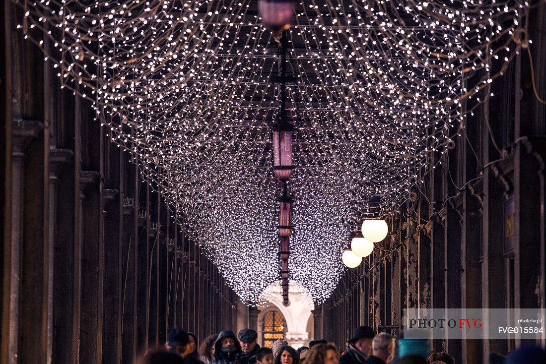 The arcades of St Mark square decorated for Christmas