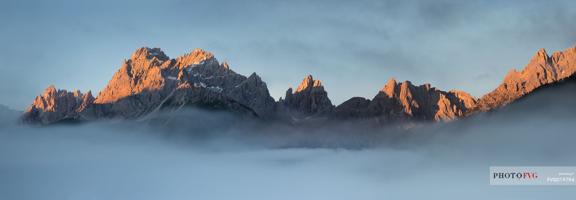 Sesto Dolomites at dawn ;
From left : Cima Colesei, Cima Nove, Croda Rossa, Cima Undici, Croda dei Toni, Pulpito, Cima Una, Croda Fiscalina, Punta Langlahn, Pusteria valley, Italy