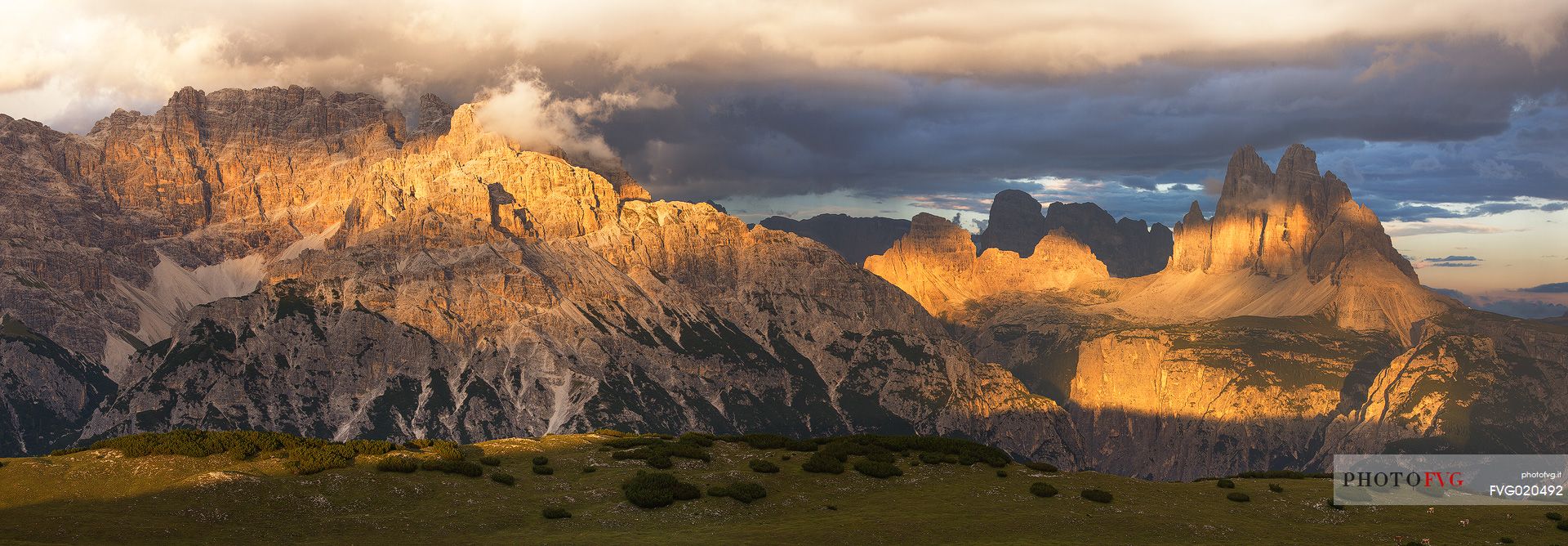 Panoramic view from Mount Specie with Tre Cime of Lavaredo at sunset