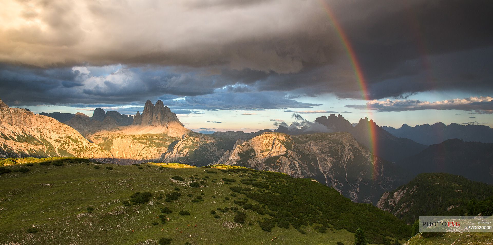 Rainbow over the Tre cime di of Lavaredo and the Vallandro mount from Mount Specie