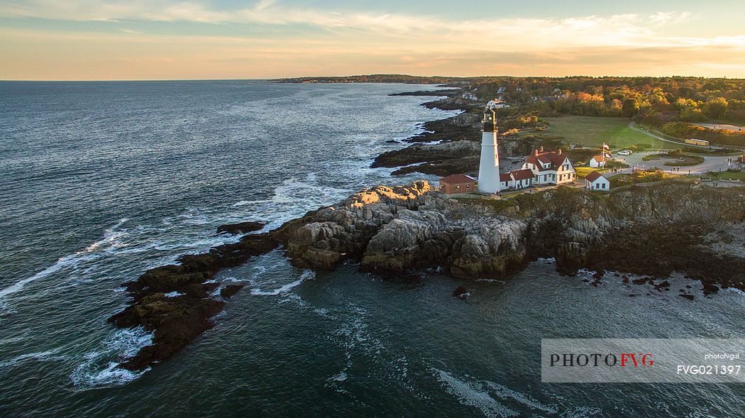 Sunset at the Portland Head Lighthouse, the oldest lighthouse in Maine, New England, USA