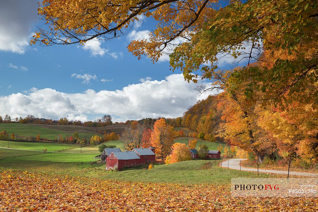 The countryside of Woodstock in the Vermont country and the Jenne farm on background, New England, USA