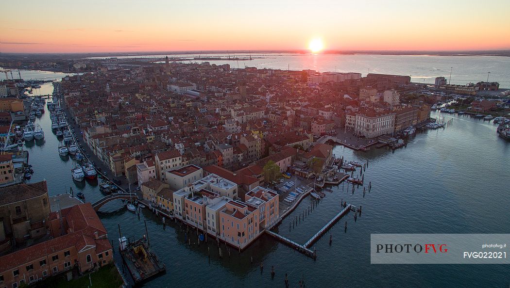 Chioggia and the Venice lagoon from above at sunset, Chioggia, Italy
