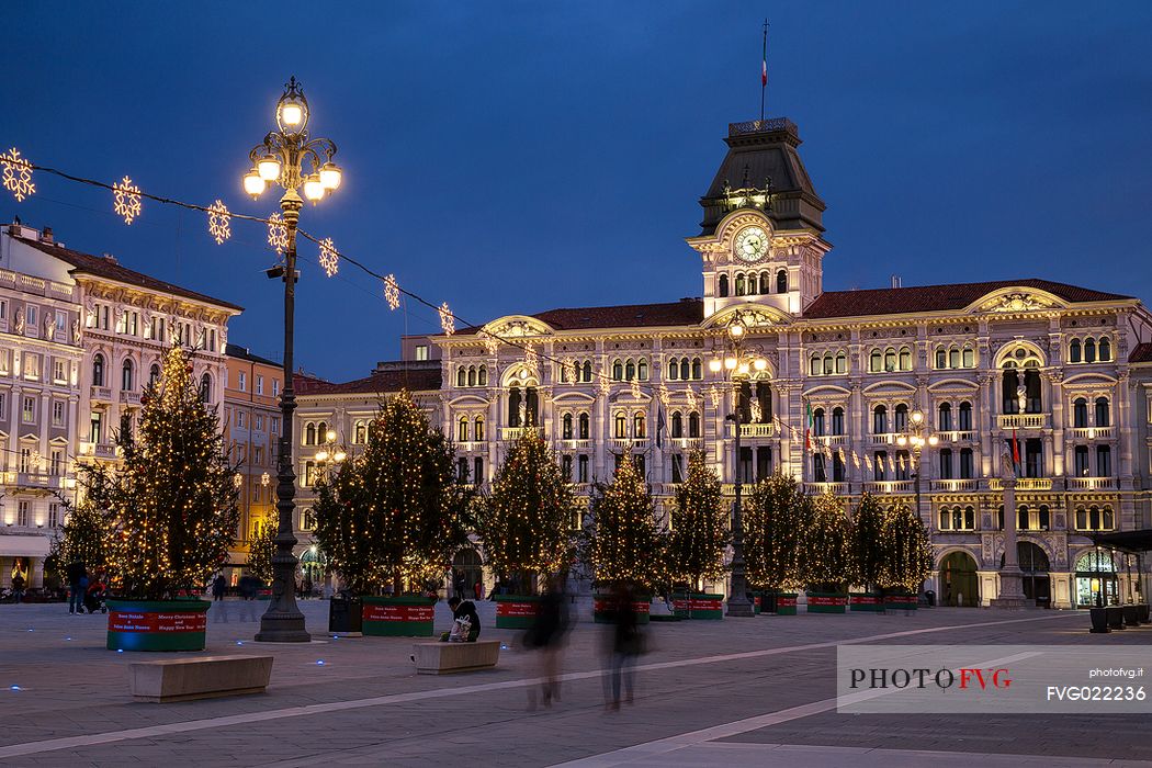 Unity of Italy Square or Piazza Unit d'Italia with the Town Hall on background at Christmas time, Trieste