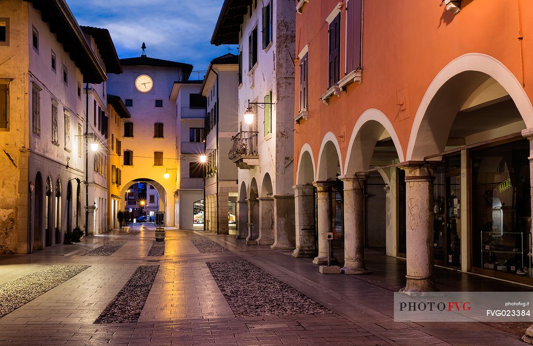 Corso Roma and the Torre Occidentale, the historical centre of Spilimbergo at sunset, Italy