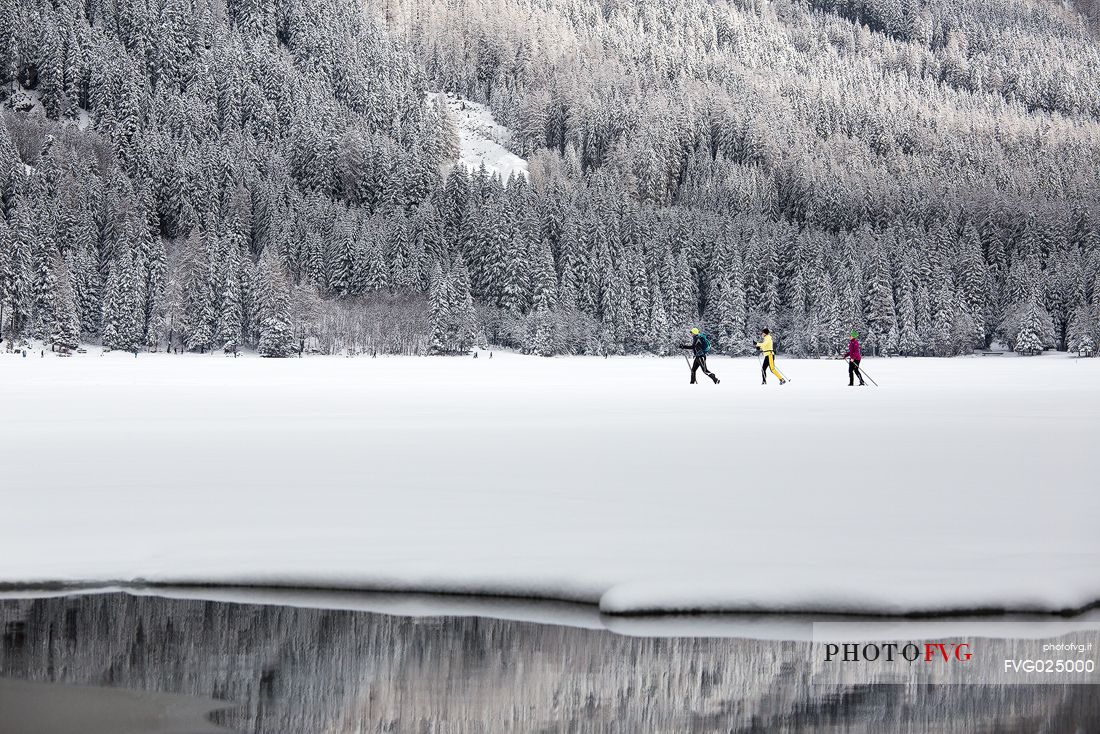 Cross country skiing on Lake of Anterselva, Pusteria Valley, Italy