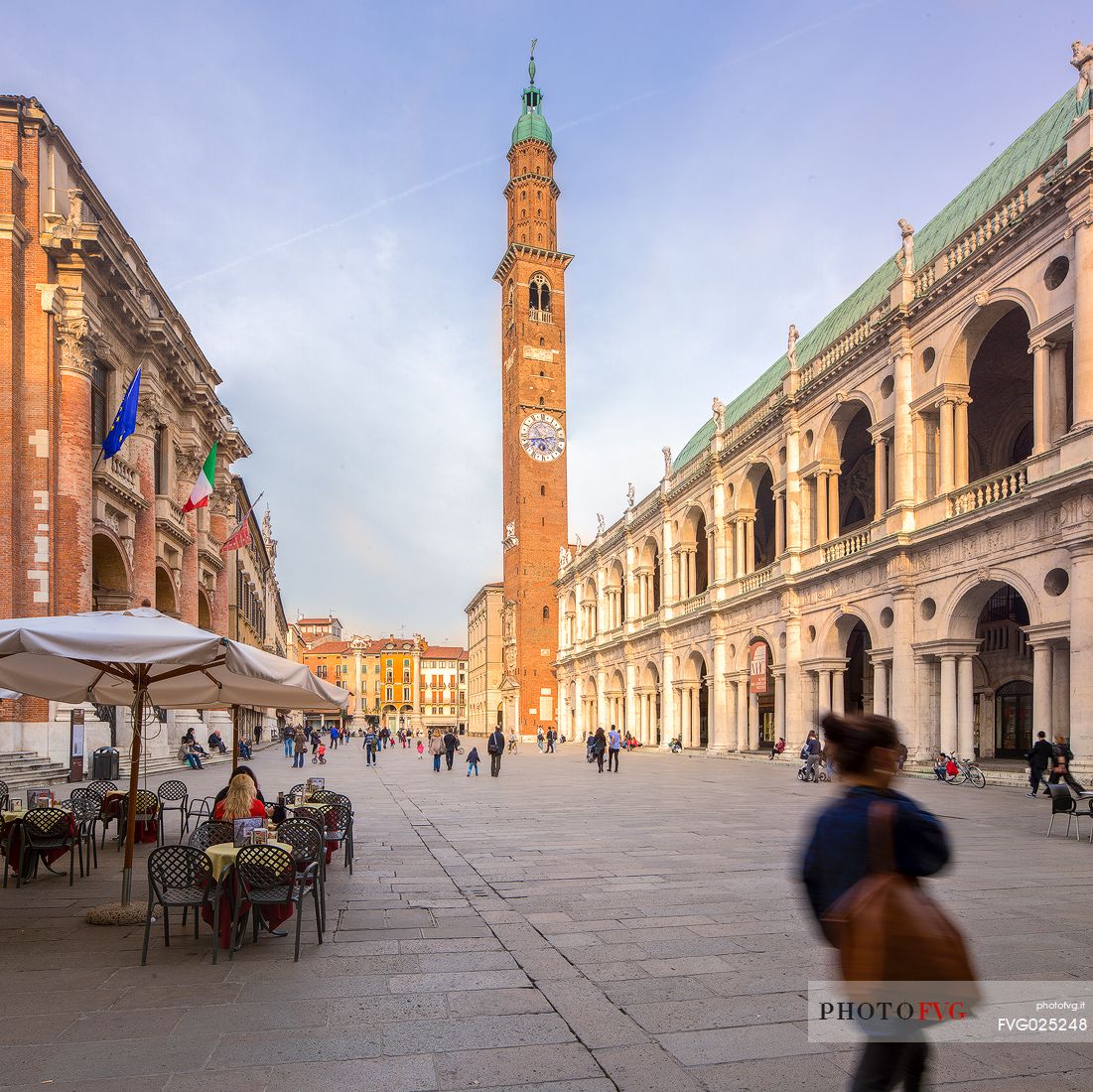 The Piazza dei Signori in the historic center of Vicenza with the facade of the Basilica Palladiana and Bissara Tower in the background, Italy