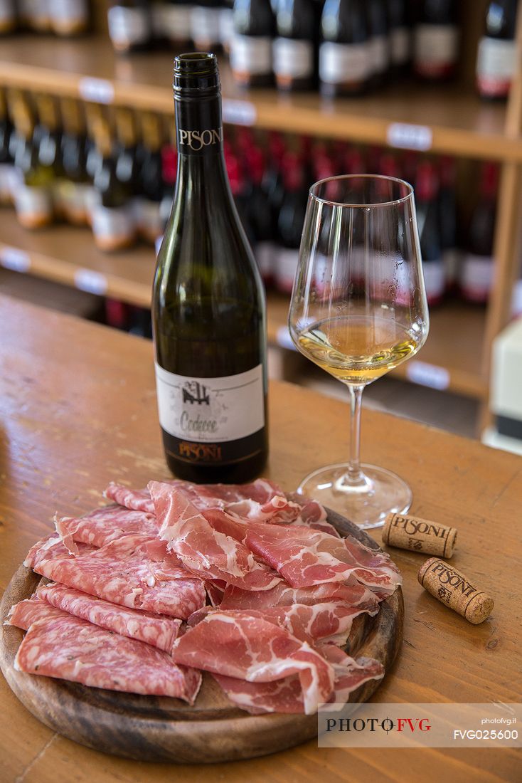 Cured meat and wine of the Cantina Pisoni cellar, Valley of Lakes, Valle dei Laghi,Trentino, Italy