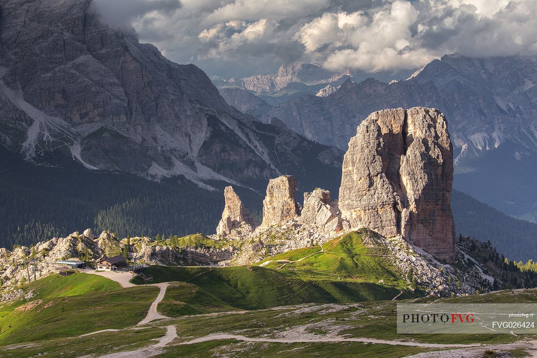 The Cinque Torri illuminated by the last ray of lights during a sunset, Dolomites, Cortina D'Ampezzo,  Italy