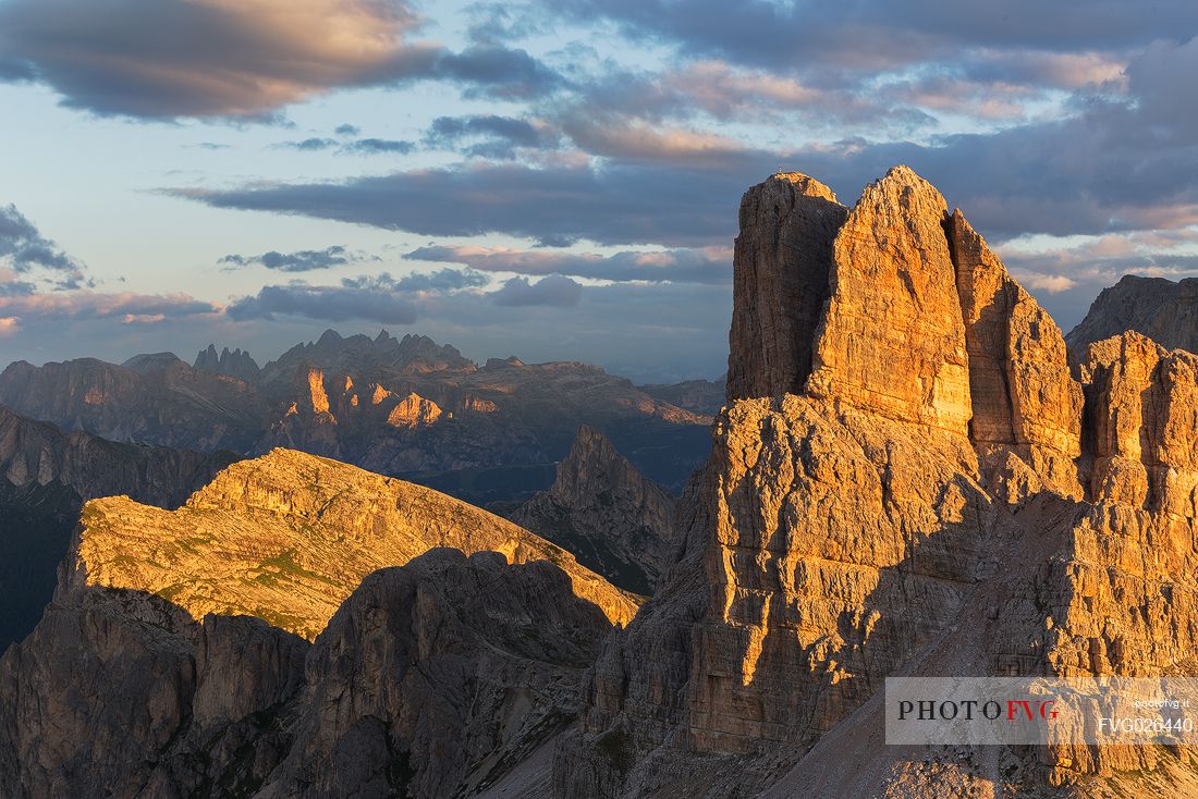 Mount Averau from the Nuvolau refuge illuminated by early dawn lights, Dolomites, Cortina D'Ampezzo, Italy