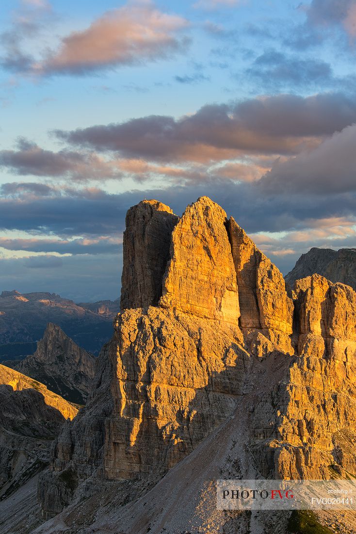 Mount Averau from the Nuvolau refuge illuminated by early dawn lights, Dolomites, Cortina D'Ampezzo, Italy