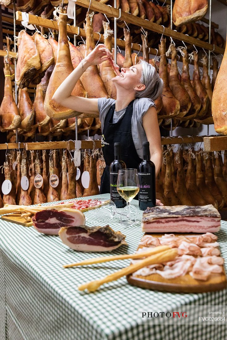 Monica D'Osvaldo in the historic ham company d'Osvaldo in Cormons, Friuli Venezia Giulia, Italy