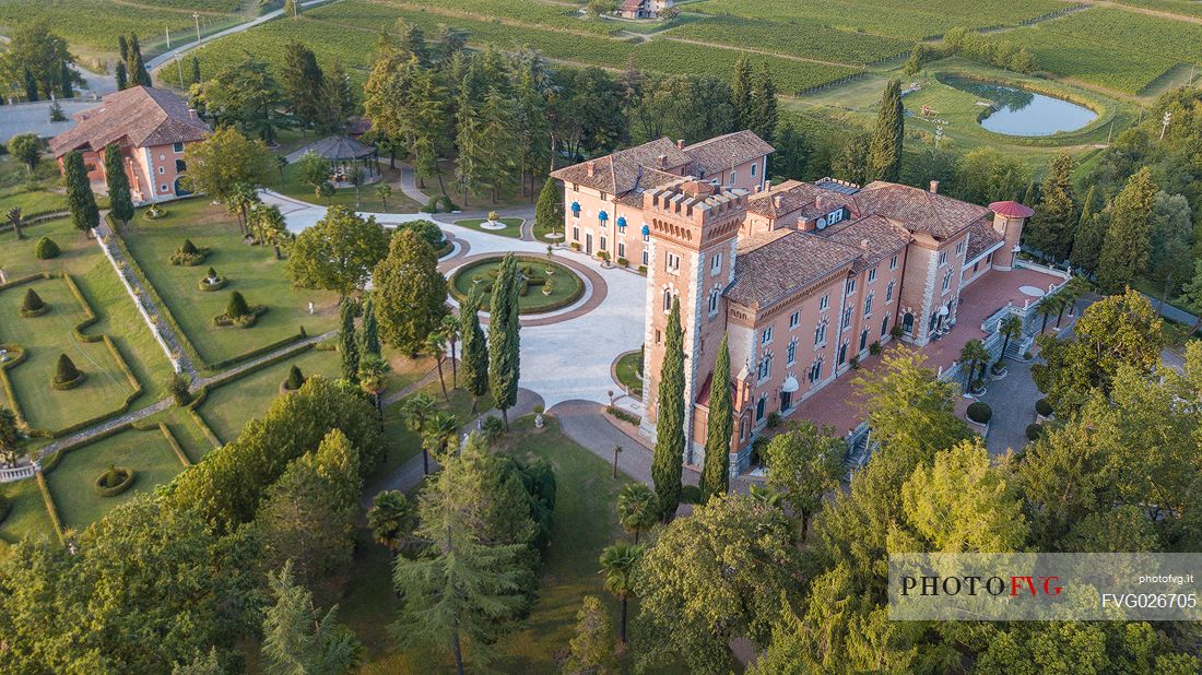 View from above of Castello di Spessa castle and the park immersed in the green of Gorizia Collio, Capriva del Friuli, Friuli Venezia Giulia, italy