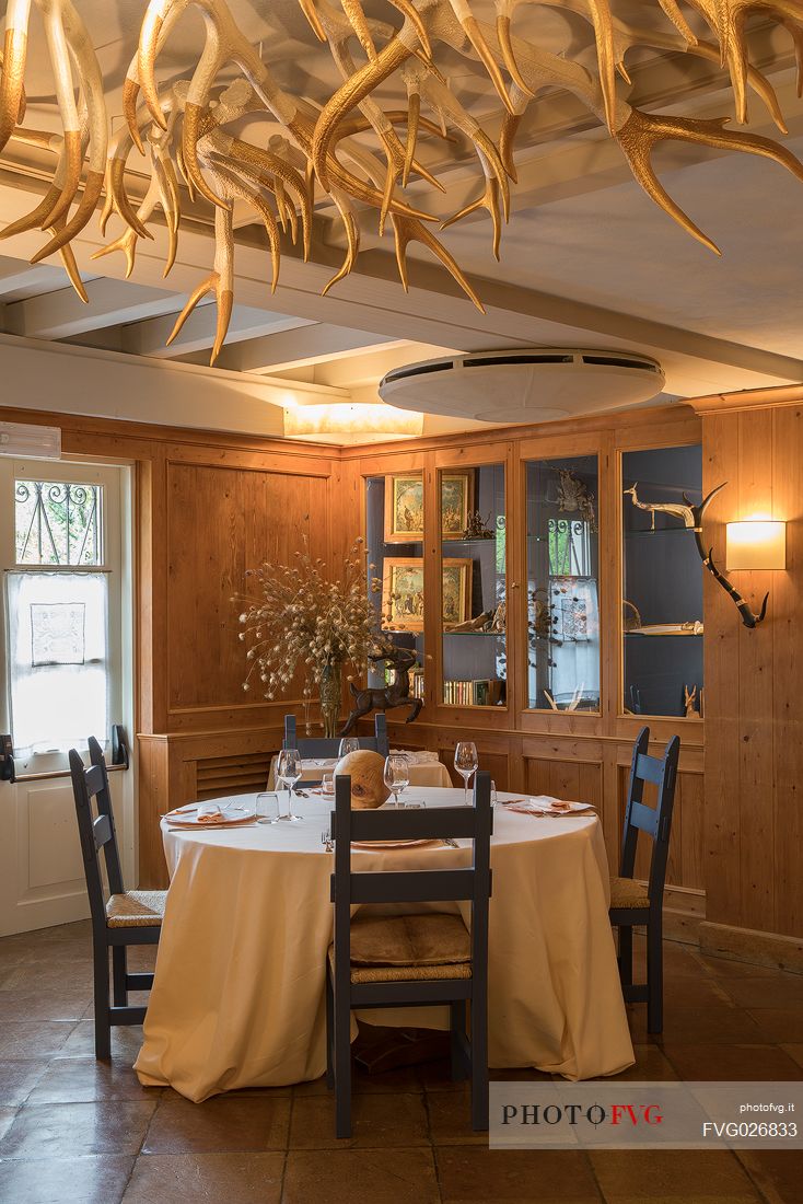 The hunting room of the starred restaurant La Subida, Trattoria al Cacciatore in Cormons, Friuli Venezia Giulia, Italy