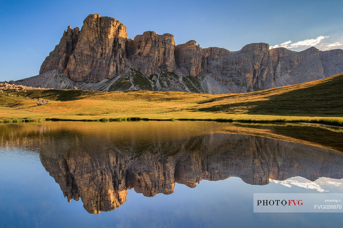 Lastoi De Formin Mount reflected on Baste lake, Mondeval, Dolomites, Cortina D'Ampezzo, Italy