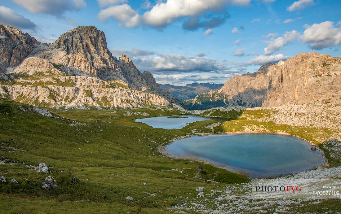 The Laghi dei Piani lakes with the mount Tre Scarperi on background near the Tre Cime di Lavaredo, Dolomites, South Tyrol, Italy