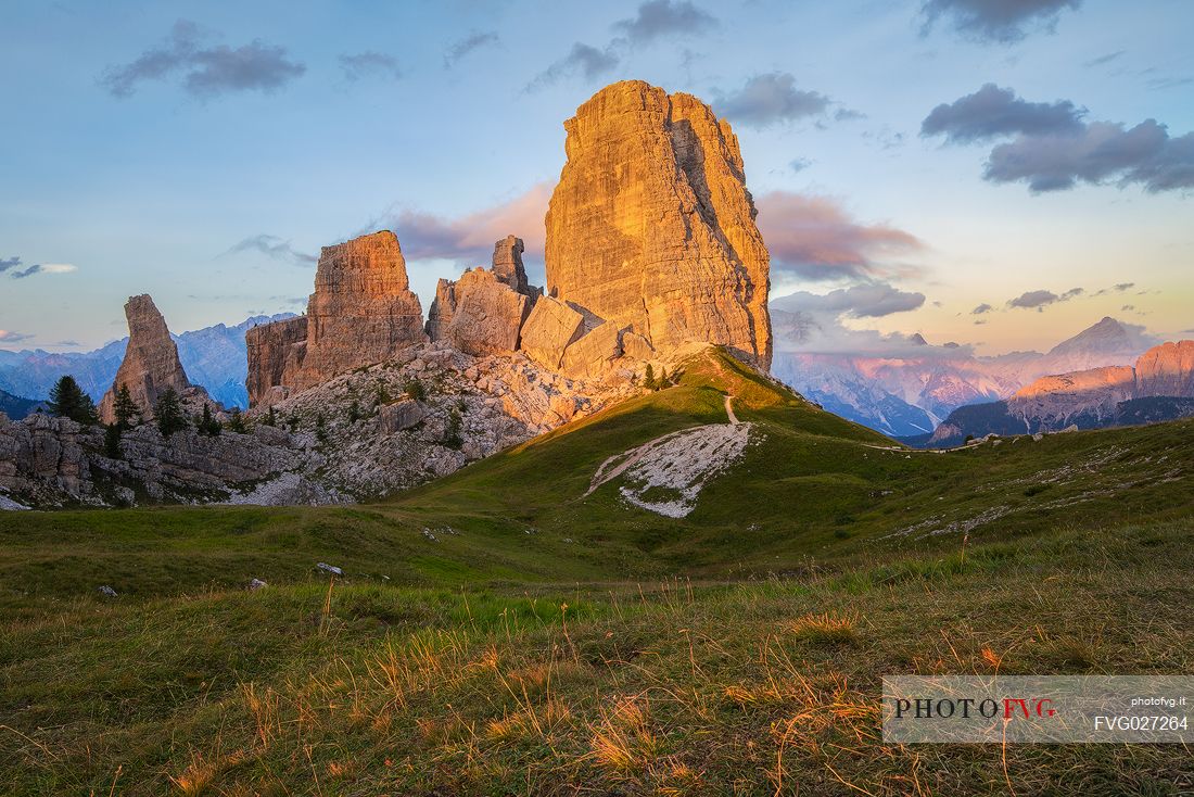 The  mountainous complex of Cinque Torri at sunset, Dolomites, Cortina d'Ampezzo, Italy