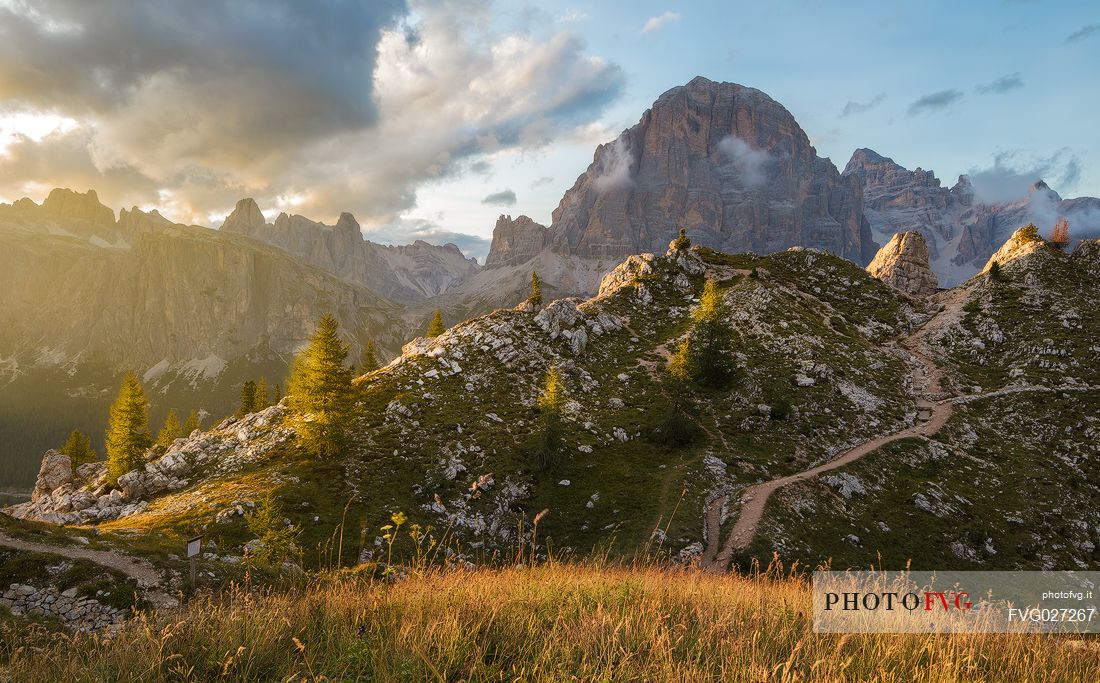 The Tofana di Rozes photographed by the complex of Cinque Torri at sunset, Dolomites, Cortina D'Ampezzo, Italy