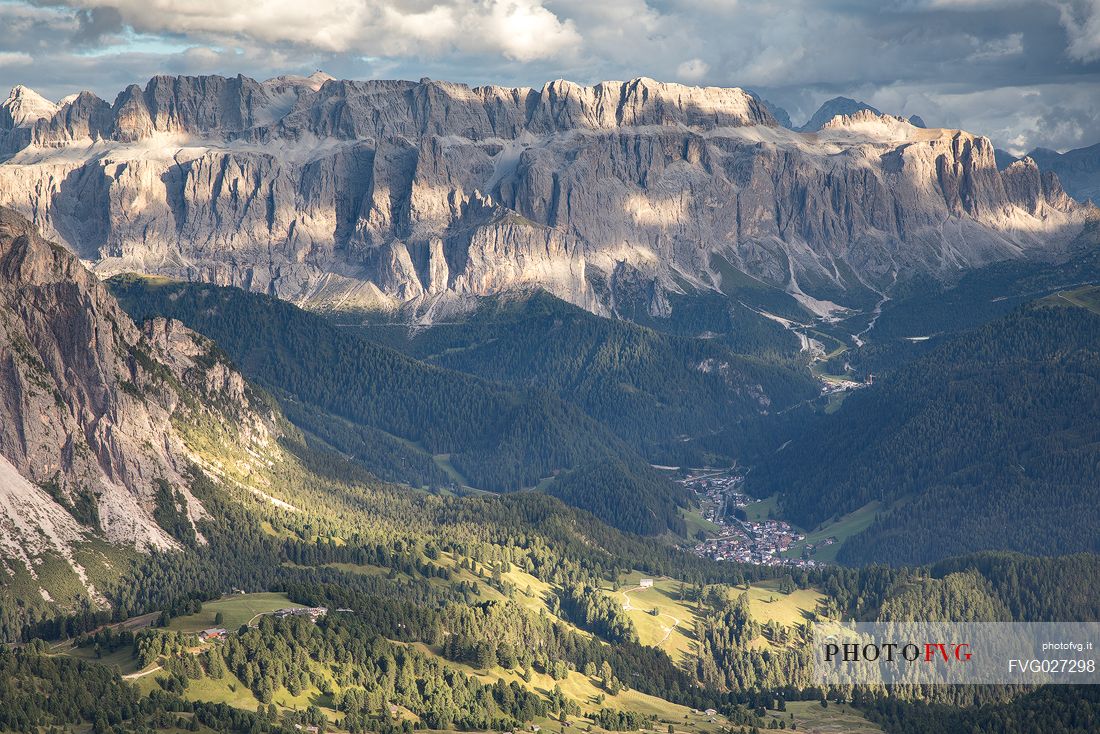 View from Seceda to the Sella group and Selva di Val Gardena, Dolomites, Ortisei, Italy