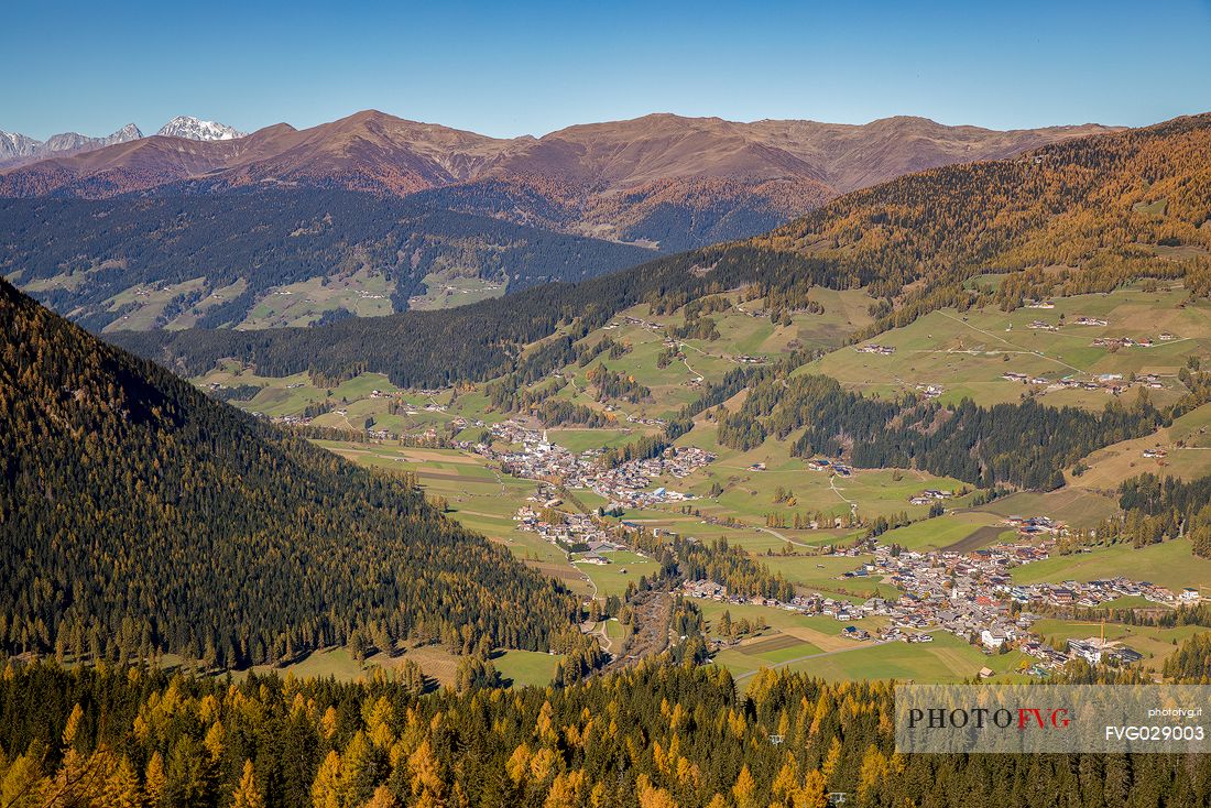 Panoramic view from the filed of Croda Rossa to Moso and Sesto  during an autumn morning, Sesto, Pusteria Valley, Trentino Alto Adige, Italy