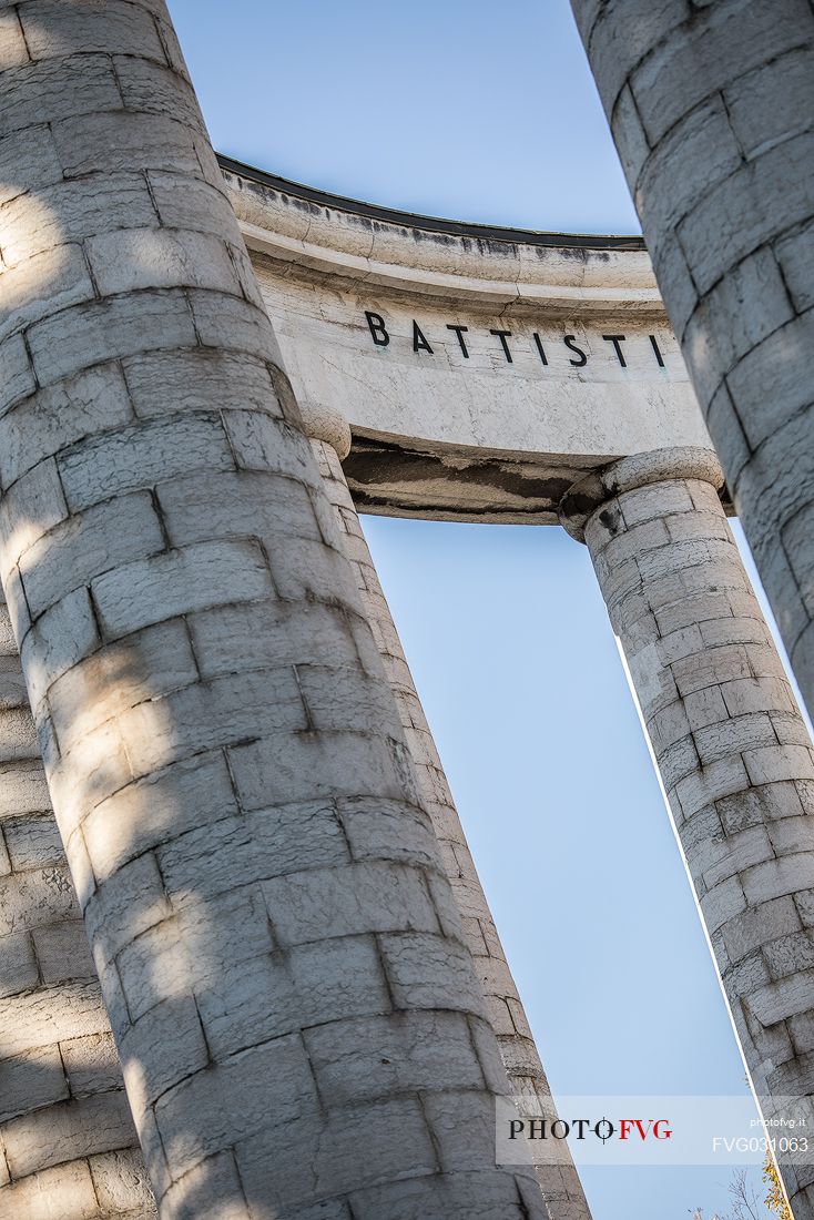 Detail of the mausoleum of Cesare Battisti on the top of Doss Trento, Trento, Trentino Alto Adige, Italy