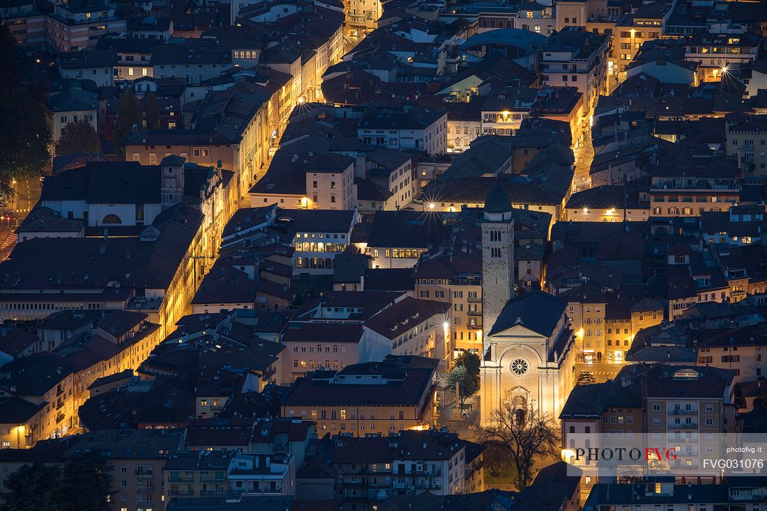 Night view from above of the city of Trento with the church of San Francesco Saverio, Trento, Trentino Alto Adige, Italy