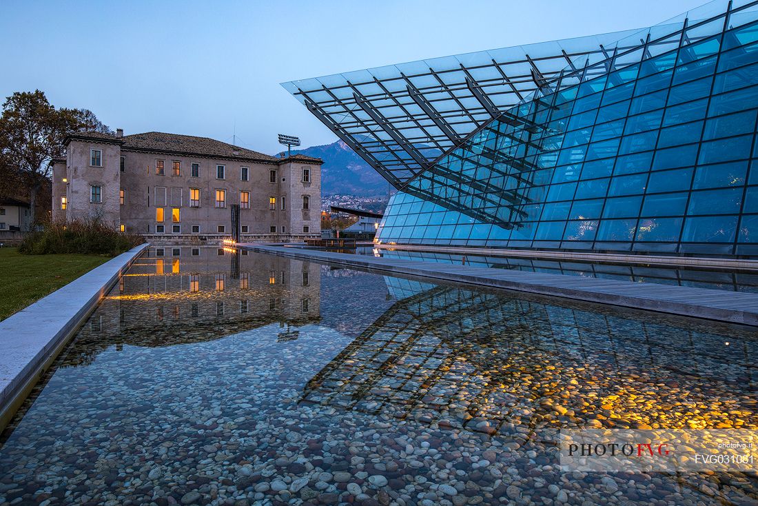 The exterior of the greenhouse of the Science Museum or Muse and the Albere Palace in Trento, Trentino Alto Adige, Italy