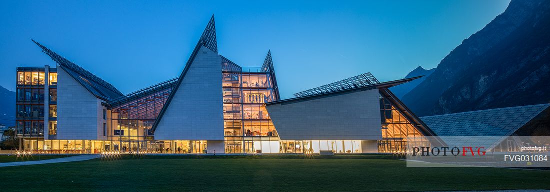 Panoramic view of the exterior of Muse, the museum of Science in Trento at twilight, Trentino Alto Adige, Italy
