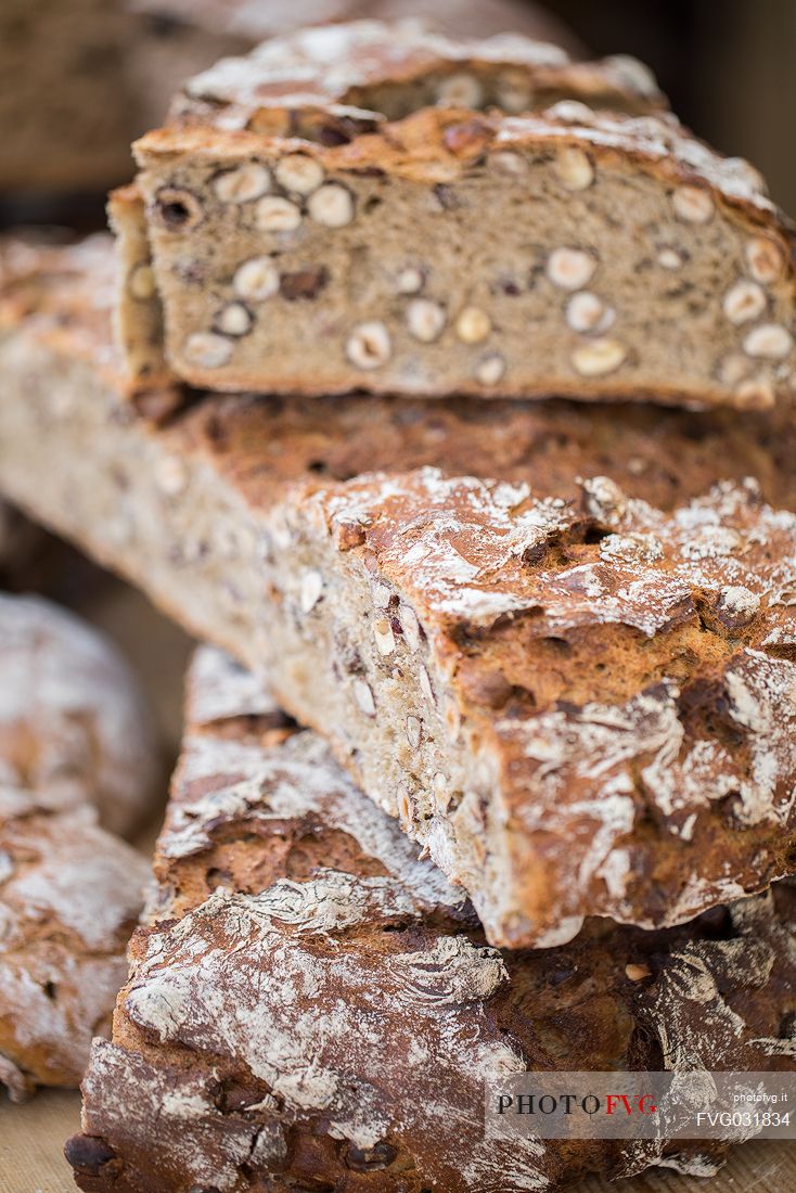 Whole grain bread exposed at the traditional festival of bread and strudel in Bressanone, Isarco vallley, Trentino Alto Adige, Italy, Europe