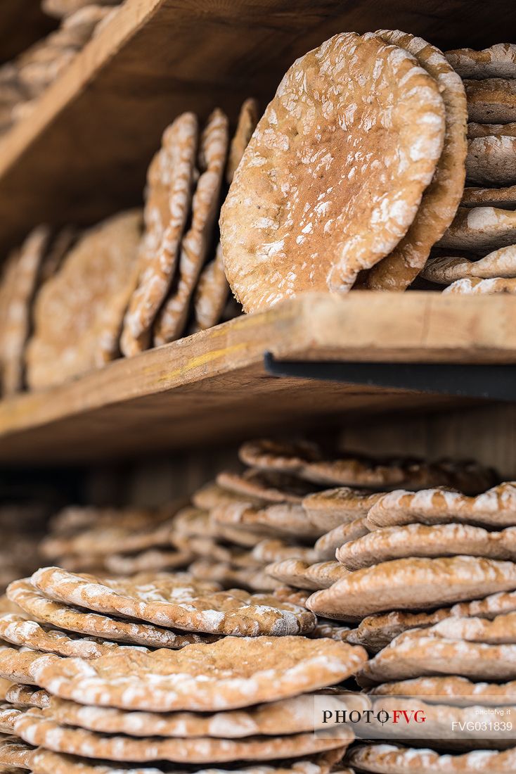 The puccia, typical tyrolean bread exposed during the traditional  bread and strudel Festival in Bressanone, Alto Adige, Italy, Europe