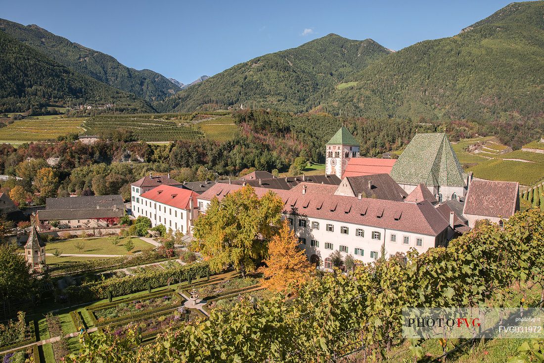 Overview of Abbey of Novacella or Neustift, one of the most prestigious abbeys in the Alps, Varna, Isarco valley, Trentino Alto Adige, Italy, Europe