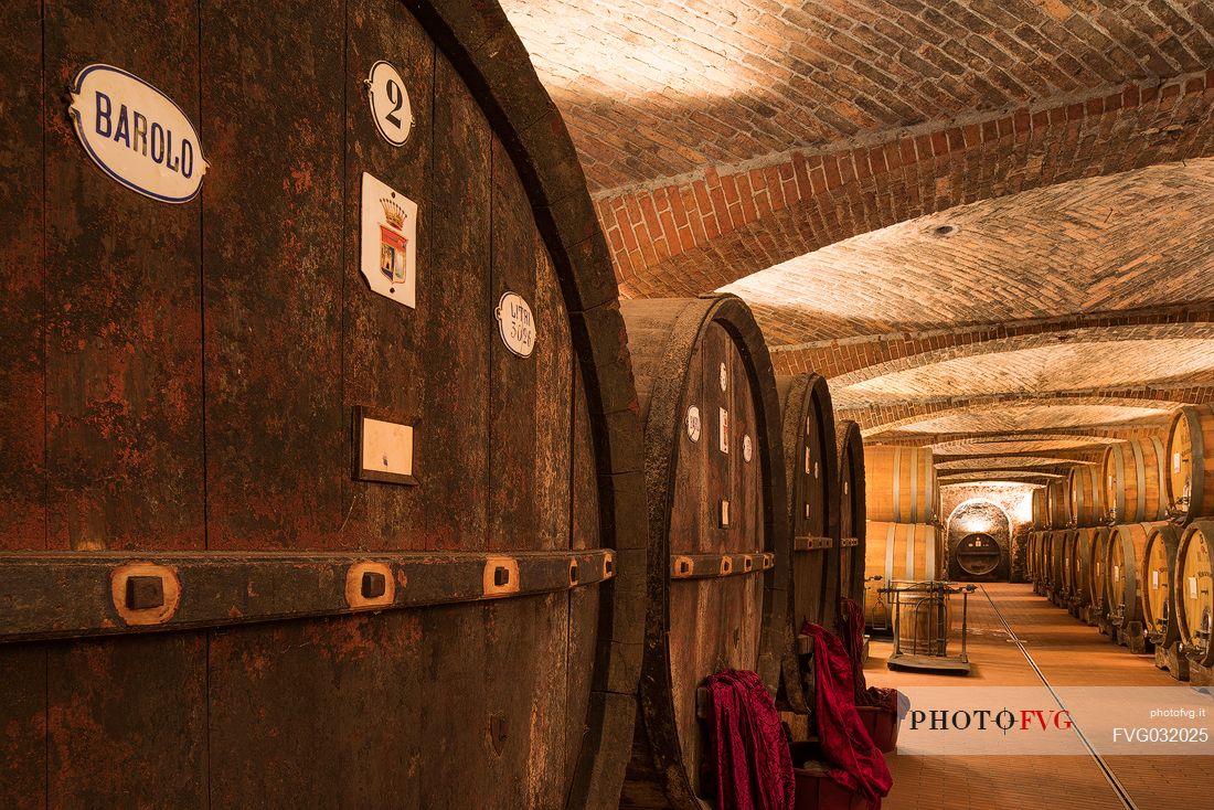 Detail of historic wine cellar of Casa E. di Mirafiore e Fontanafredda in Serralunga d'Alba, Langhe, Piedmont, Italy, Europe