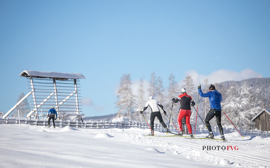 Cross country skiing around the village of Sesto, dolomites, Pusteria valley, Trentino Alto Adige, Italy, Europe