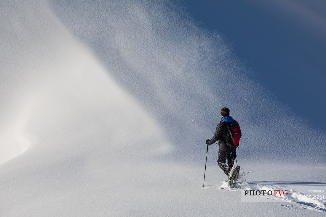 Trekker with snowshoes near Passo Falzarego, Cortina d'Ampezzo, Veneto, Italy, Europe