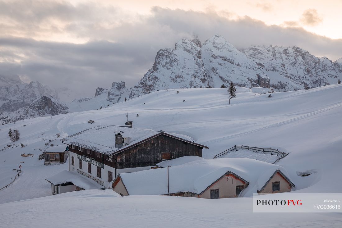 The Bosi refuge after an intense snowfall,Monte Piana, in the backgroundo the Cristatto mount, Auronzo di Cadore, Veneto, Italy, Europe