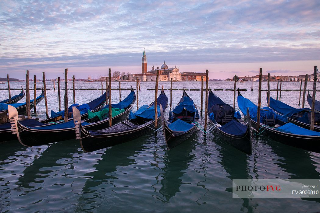 Venice Gondolas in Saint Marco Square with the Church of San Giorgio Maggiore on background, Venice, Italy, Europe