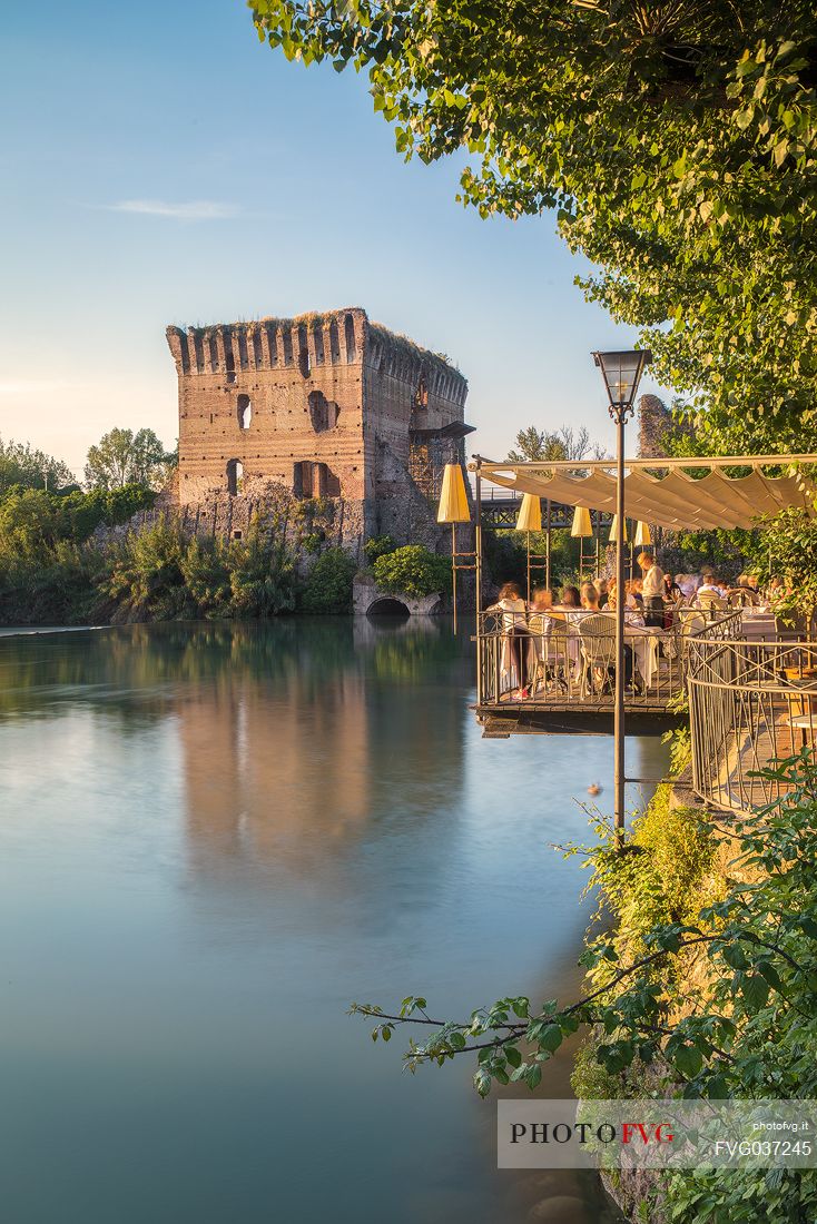 A view of the town of Borghetto, in the background the Visconteo bridge, Valeggio sul Mincio, Veneto, Italy, Europe