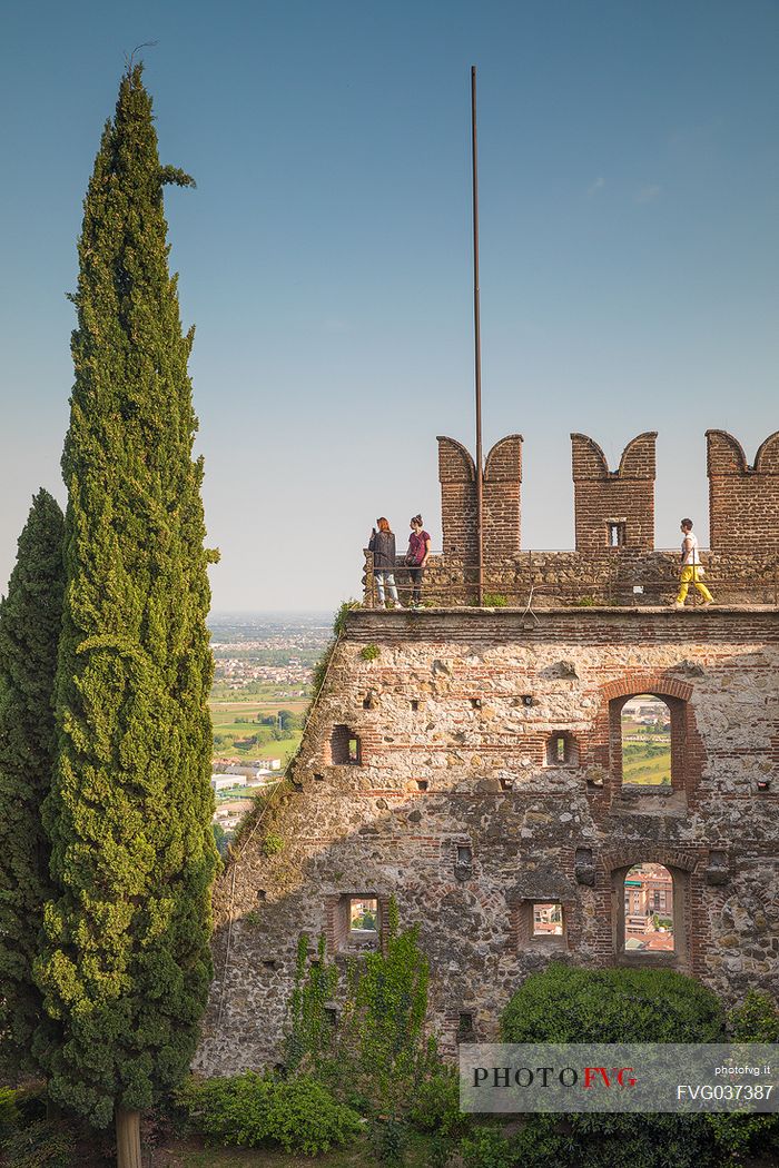 Tourists on the towers of the Upper Castle or Castello Superiore of Marostica, Veneto, Italy, Europe