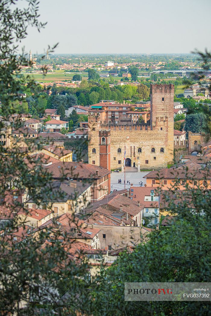 The Lower Castle or Castello Inferiore of Marostica framed by olive trees, Veneto, Italy, Europe