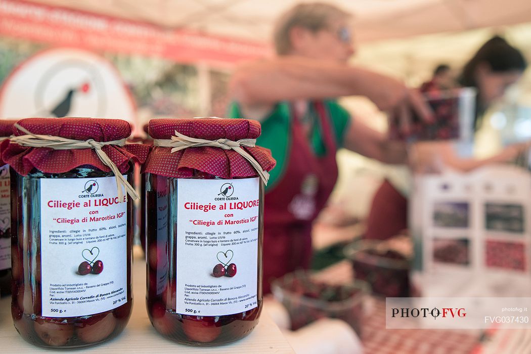 Cherry based products on sale in the stands of the Marostica Cherry Festival, Marostica, Vicenza, Veneto, Italy, Europe Cherry based products on sale in the stands of the Marostica Cherry Festival, Marostica, Vicenza, Veneto, Italy, Europe