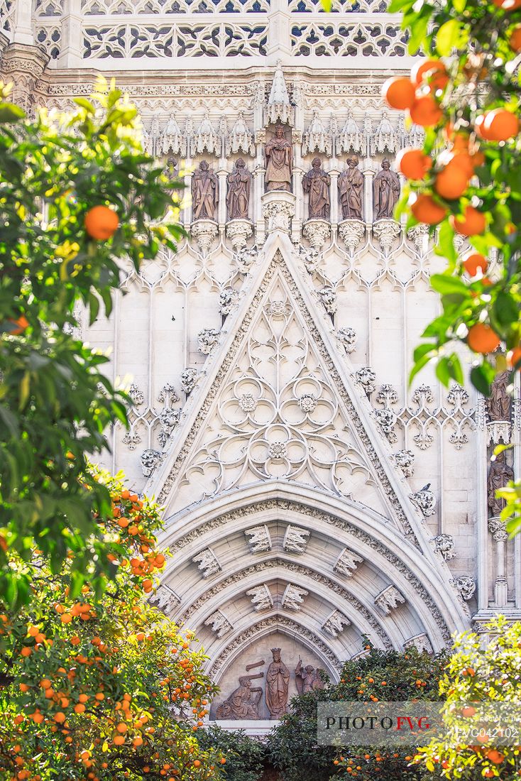 Portal of the Seville Cathedral or Church of Santa Maria della Sede from the Patio de los Naranjos, the park of the cathedral, Seville, Spain, Europe