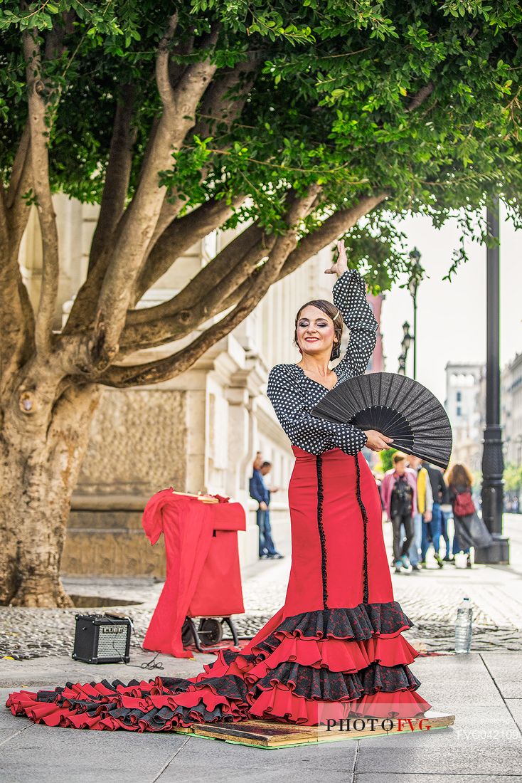 Woman in traditional costume dances flamenco in the streets of the Barrio Santa Cruz, Seville, Spain, Europe Woman in traditional costume dances flamenco in the streets of the Barrio Santa Cruz, Seville, Spain, Europe
