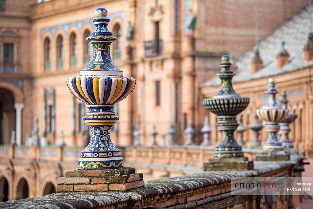 Exposed bricks, marble and ceramic in the Plaza de Espana, one of the most spectacular architectural spaces in the city of Seville and neo-Moorish architecture, Seville, Spain, Europe