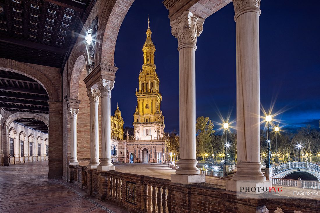 The Plaza de Espana by night, Seville, Spain, Europe The Plaza de Espana by night, Seville, Spain, Europe