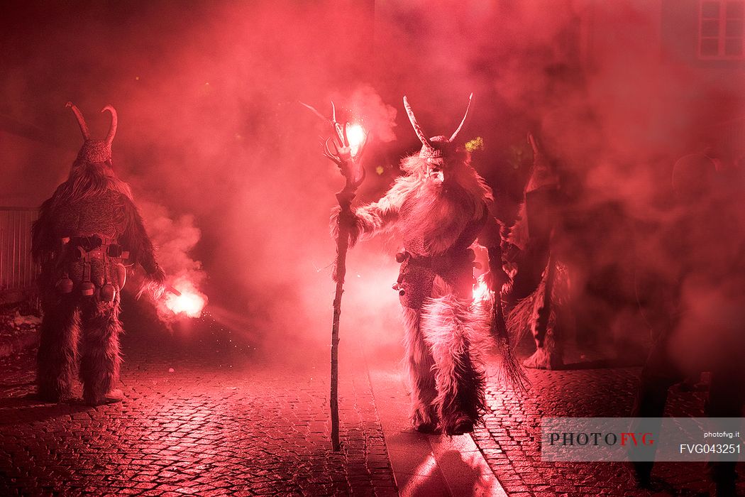 The Krampus festival in Dobbiaco village, Pusteria valley, dolomites, Trentino Alto Adige, Italy