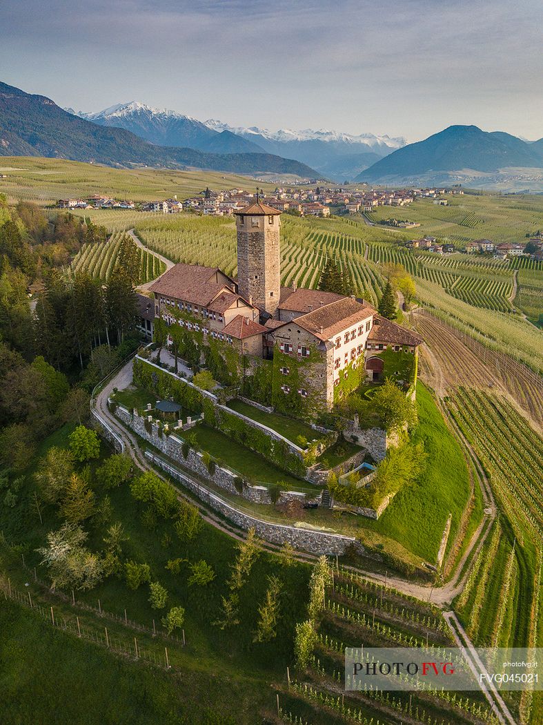 Valr Castle in the hill top of apple orchards, Val di  Non Valley, Tassullo, Trento, Trentino Alto Adige, Italy, Europe