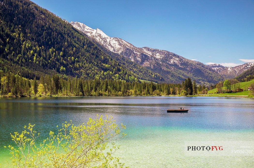 Boat on the Hintersee lake, Ramsau, Upper Bavaria, Bavaria, Germany, Europe